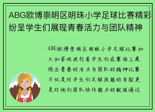 ABG欧博崇明区明珠小学足球比赛精彩纷呈学生们展现青春活力与团队精神