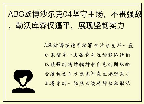 ABG欧博沙尔克04坚守主场，不畏强敌，勒沃库森仅逼平，展现坚韧实力